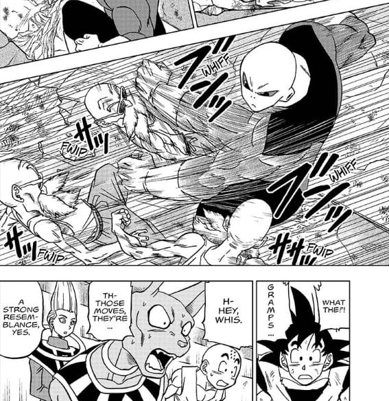 Goku watches as Ultra Instinct Roshi dodgesJiren's attack