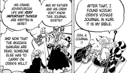 Yamato shows off Oden's journal to Luffy