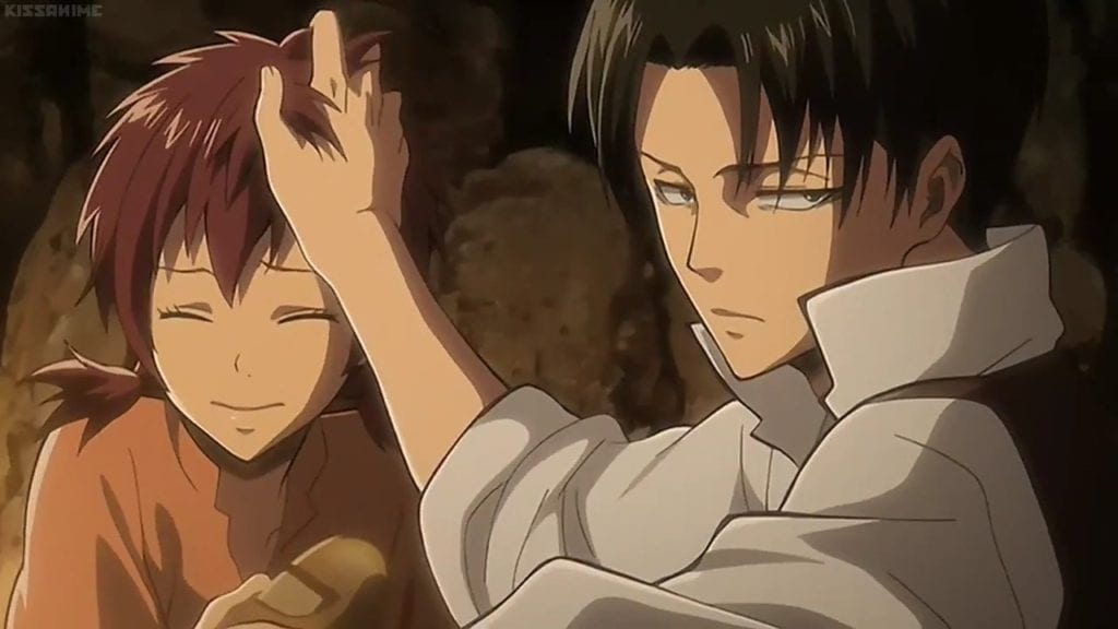One of the most heartwarming moments in the anime (:  Levi Ackerman and Isabel Magnolia, as seen in the "No Regrets" OVA. Image via We Heart It.