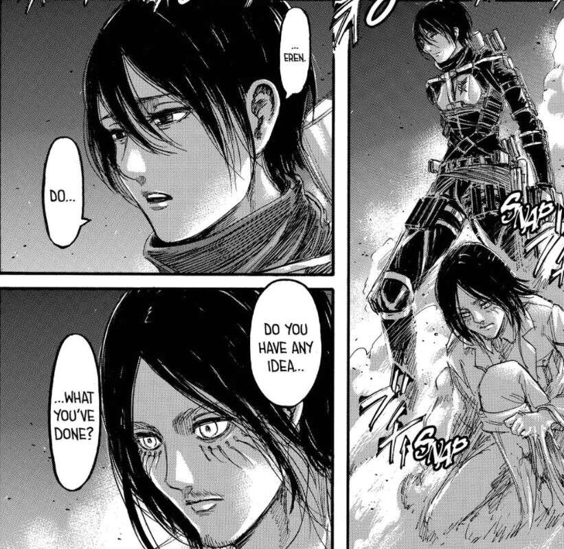 Mikasa confronts Eren for killing civilians by attacking Marley. 