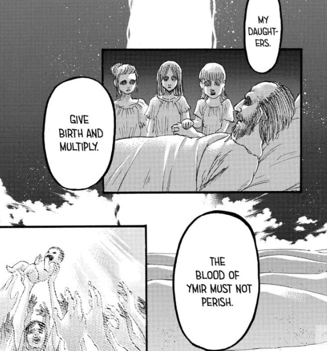 Fritz telling Maria, Rose, and Sina about his wish for them. Attack on Titan manga, chapter 122.