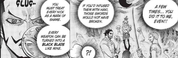 Mihawk explaining to Zoro what haki does and about black blades.