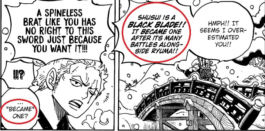 Zoro learns that a black blade is not made in a forge but in the hands of a swordsman.