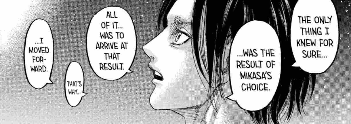 Eren tells Armin that the rumbling was not just a conscious choice but the most crucial part in Ymir's battle for freedom.