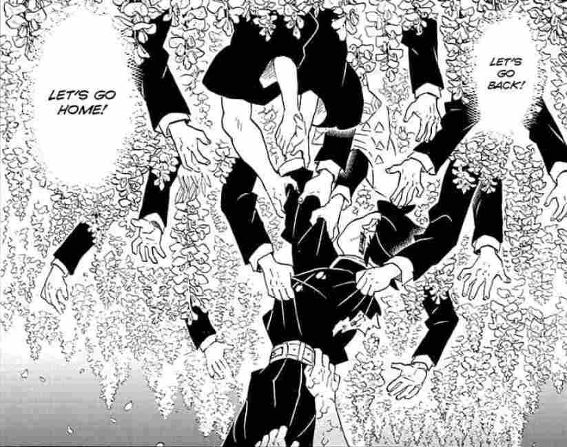 Mọi người xoay sở để đưa Tanjiro trở lại làm người bằng sức mạnh của tình yêu và sự tin tưởng của họ.  Demon Slayer Manga, Chương 203