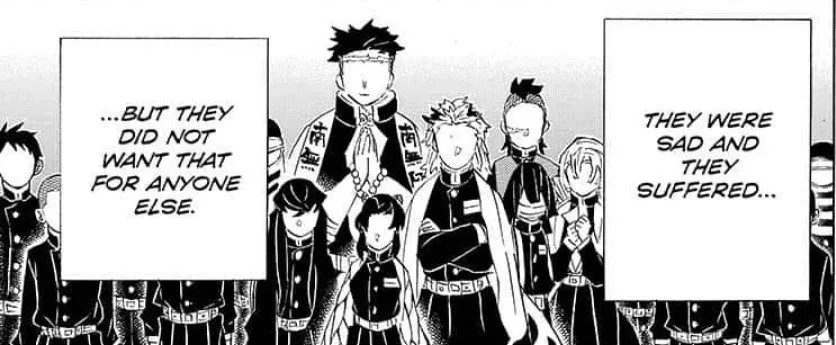 Tanjiro nhớ lại rằng đồng đội của mình sẽ không bao giờ muốn ai đó phải chịu đau khổ như họ, ngay cả khi họ đã chết.  Demon Slayer Manga, Chương 203