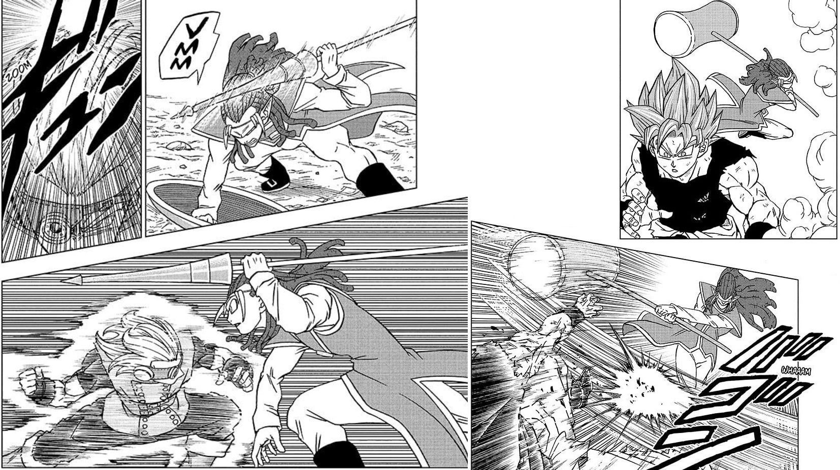 Gas uses a hammer and a spear to attack Goku and Granolah