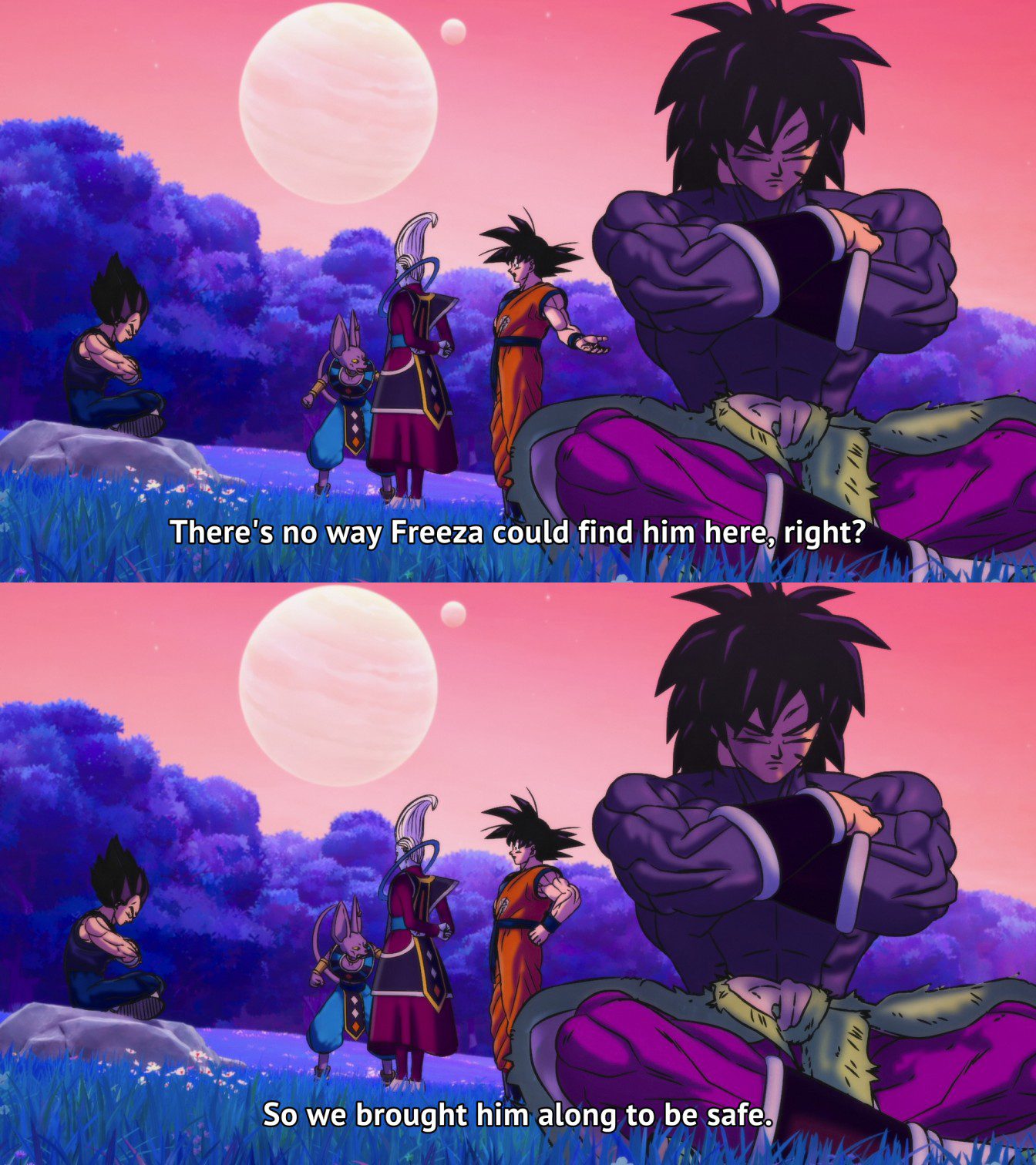 Broly on Beerus' planet to keep him from a safe distance from Frieza