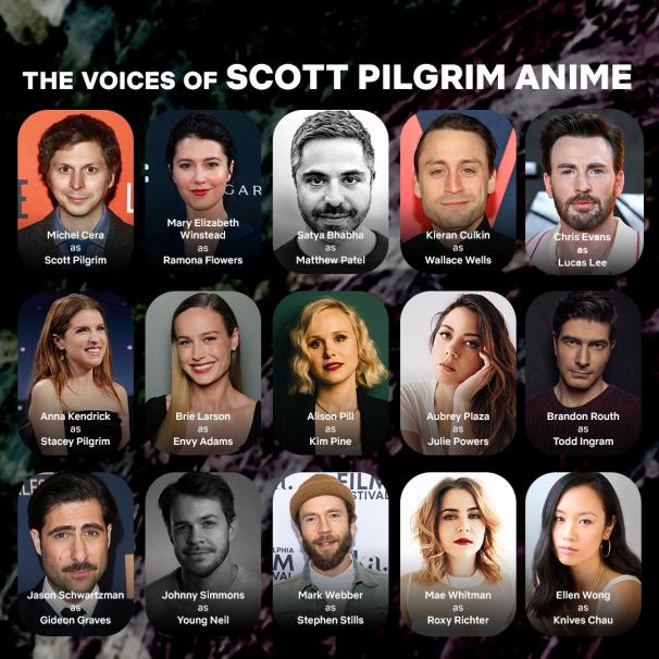 Scott Pilgrim anime cast Michael Cera, Mary Winstead, Chris Evans, Brie Larson, Anna Kendrick, Jason Schwarzman and others