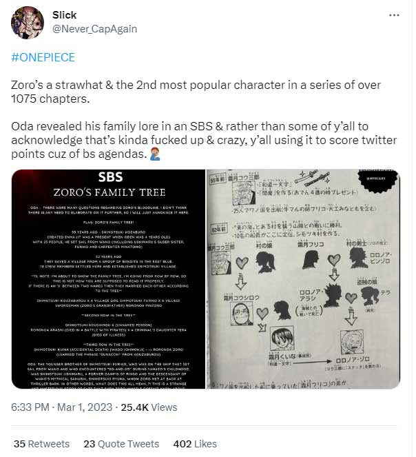 Người hâm mộ không hài lòng khi gia phả của Zoro được tiết lộ trên SBS thay vì chương manga One Piece