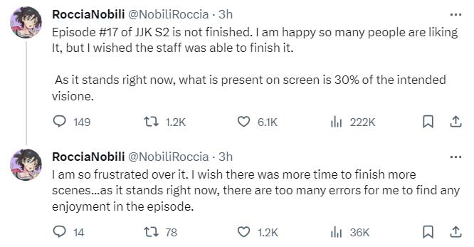 Enrico Nobili tweet on JJK S2 episode 17 being incomplete