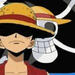Luffy in front of Straw Hat Jolly Roger in One Piece