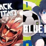 Manga volumes of Attack on titan and Blue Lock by Kodansha