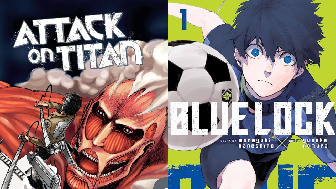 Manga volumes of Attack on titan and Blue Lock by Kodansha