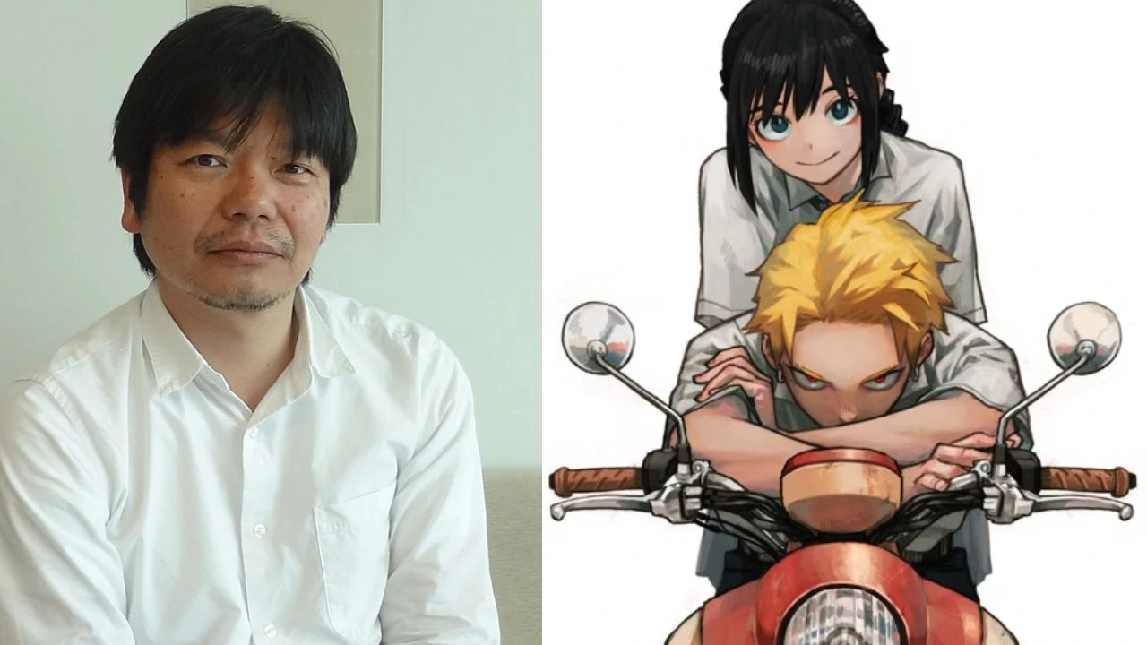 Studio Bones president Masahiko Minami alongside Don’t Laugh, Shijima-San